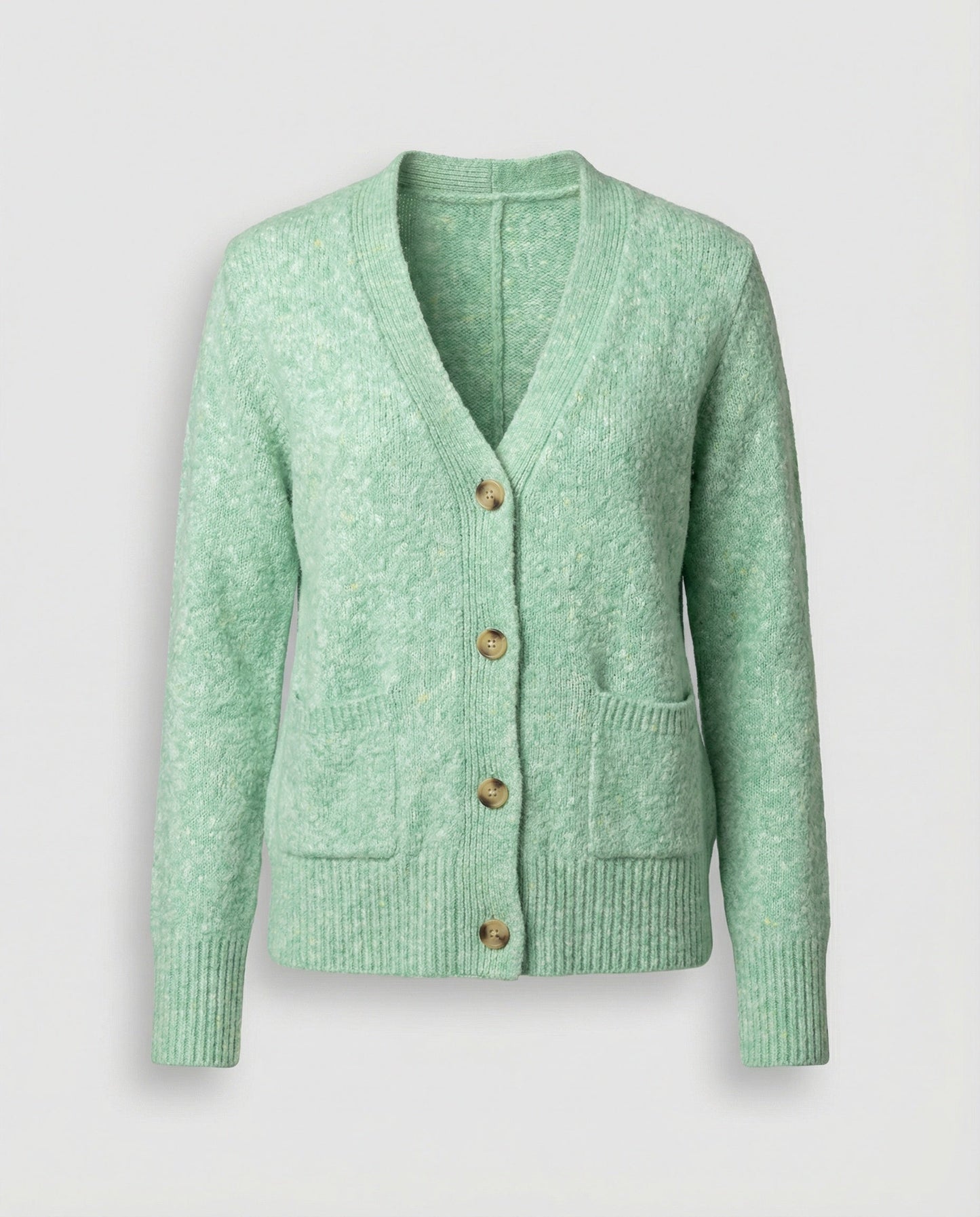 Damen Cardigan Feinstrick Melange mit Perlmuttknöpfen Hüftlang