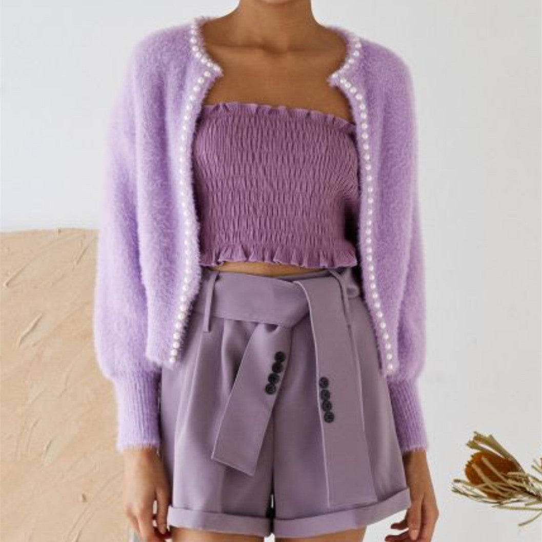 Damen Strickjacke Flauschig Perlen Verzierung