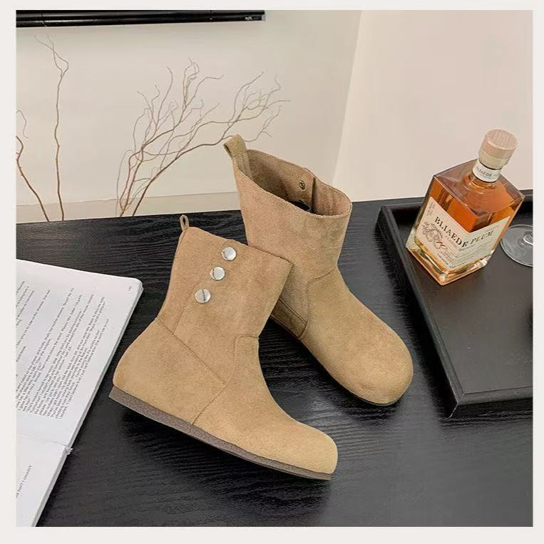 Damen Stiefeletten Modisch Knopf Detail Leder