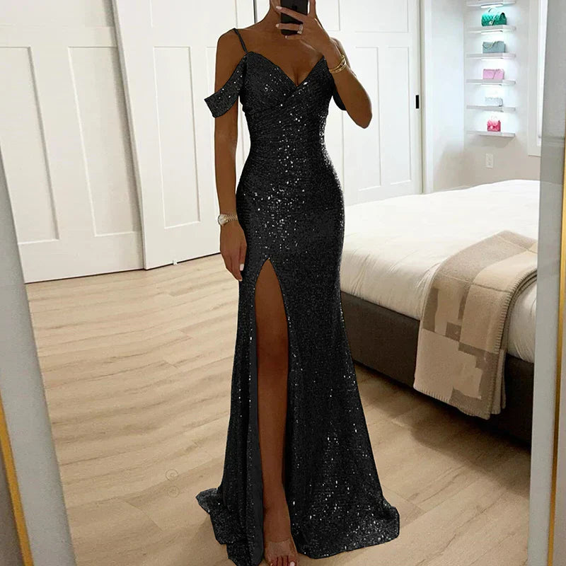Damen Pailletten Abendkleid Schulterfrei Elegant