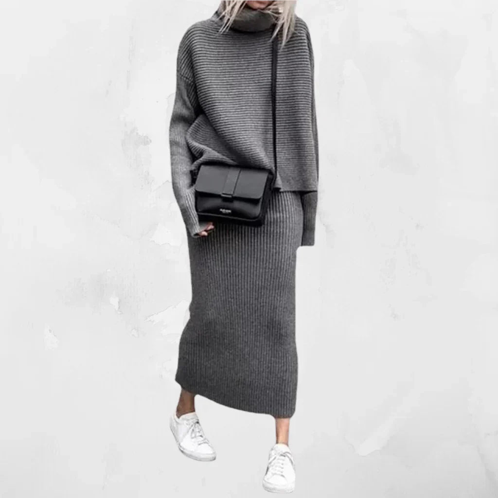 Damen Strickpullover Set Rollkragen mit Rock