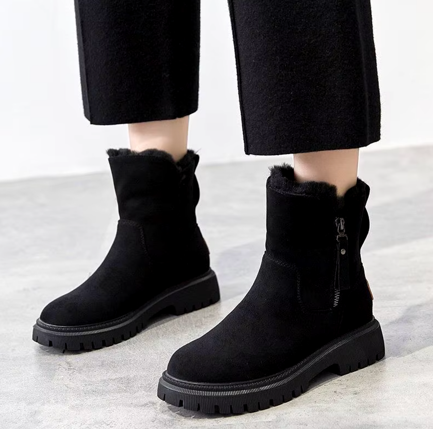 schwarze stiefeletten damen mit fellfutter und chunky sohle