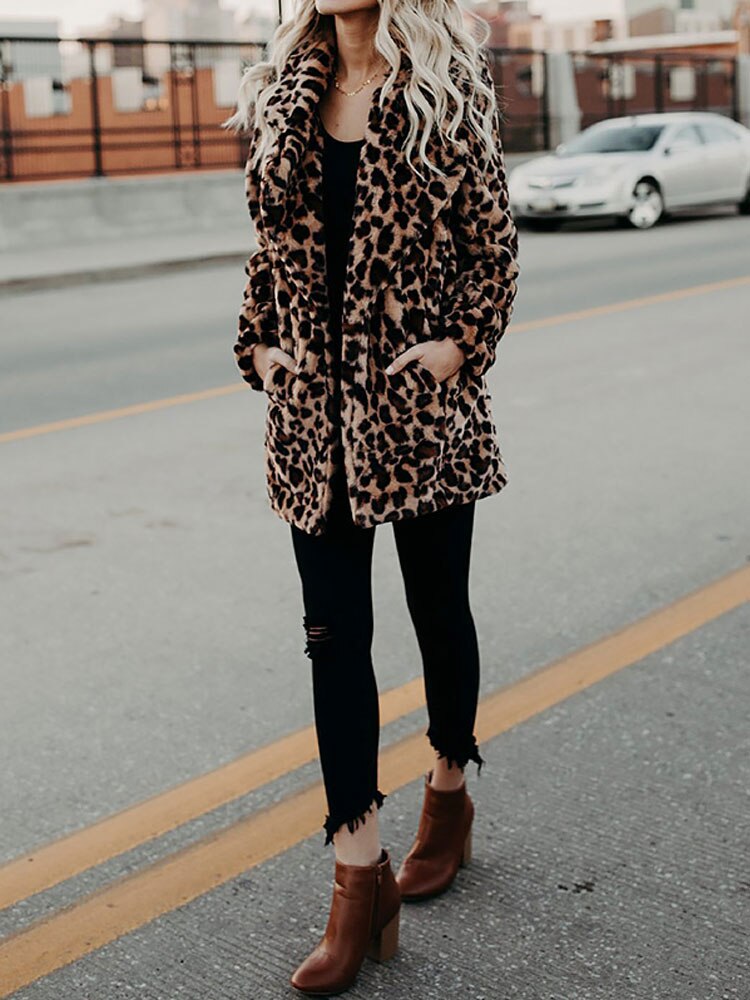 Damen Leopardenjacke Faux Fell Winterjacke