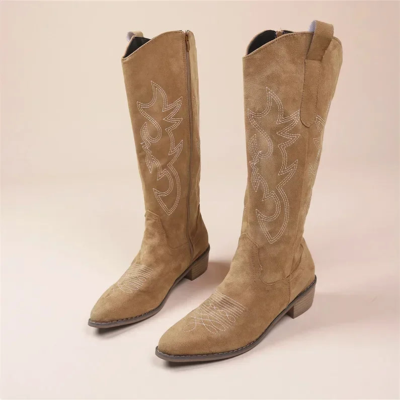Damen Kniehohe Cowboystiefel Westernstil Stickerei