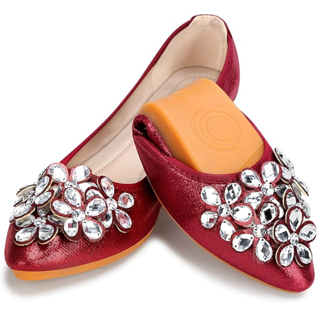 Ballerina Schuhe Flach mit Strass Schmuck Glitzernd