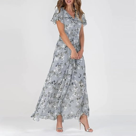 Damen Maxikleid Flatterärmlig Lang Boho Stil
