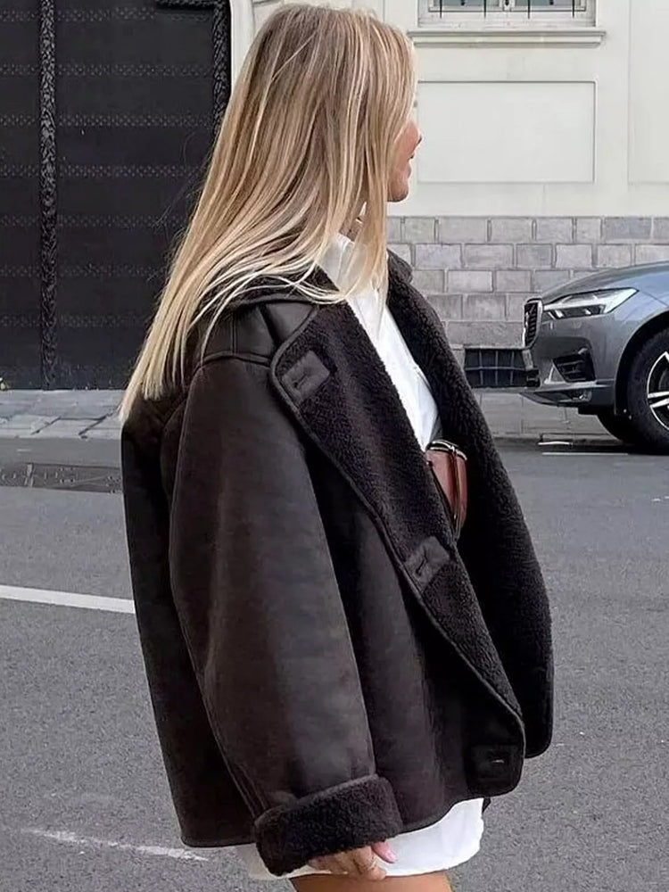 Damen Lederjacke Warm Geschnitten Locker