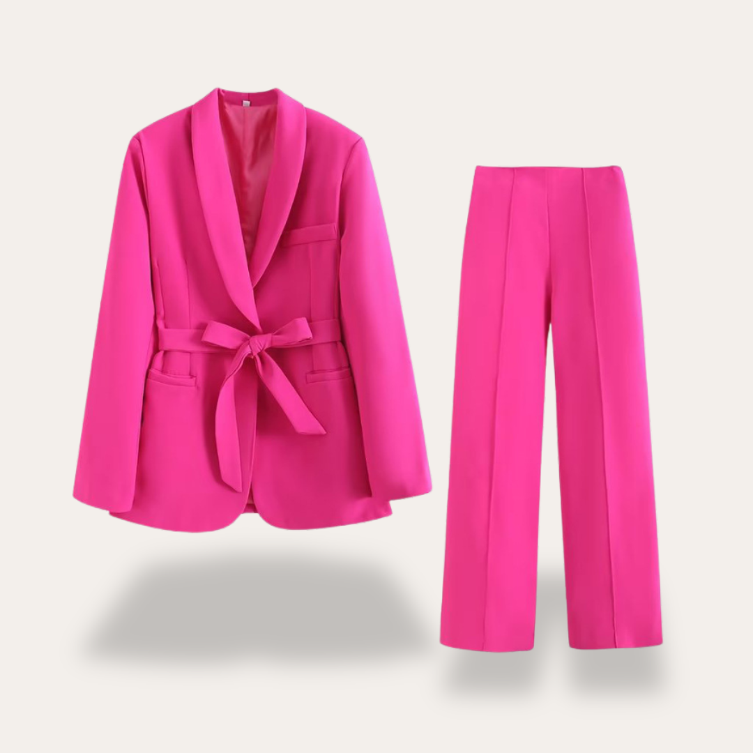 Damen Blazer Set mit Gürtel und Weitbein-Hose Zweiteiler