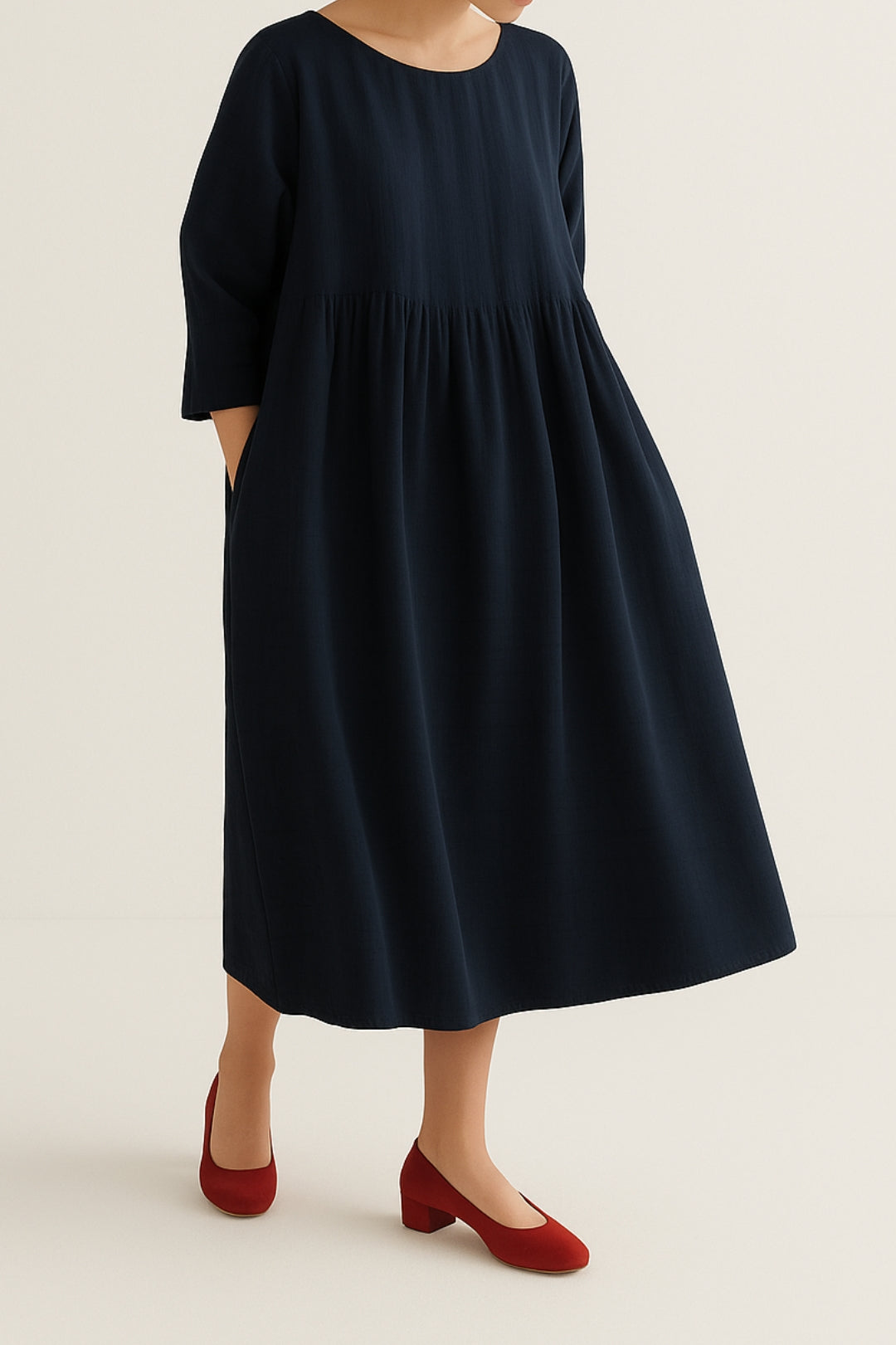 Damen Lässiges Midikleid mit Vorderfalten Sommerkleid