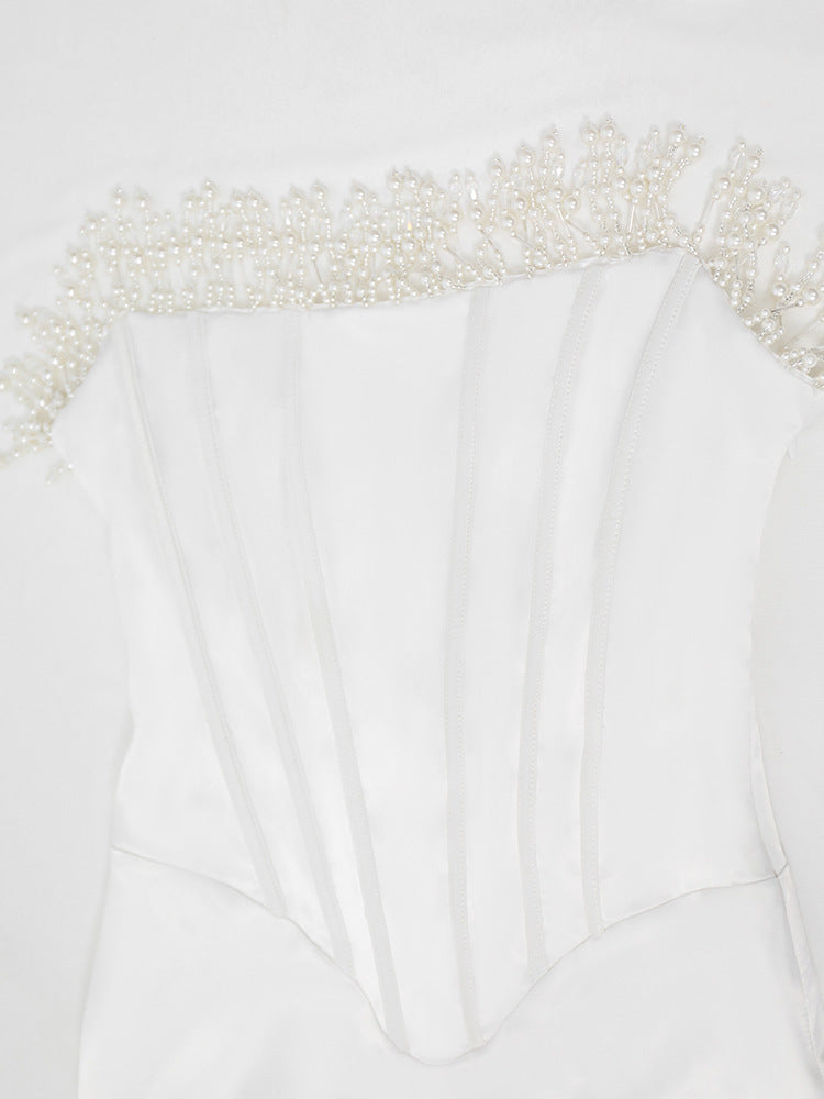 Damen Midikleid Satin mit Perlen Dekor