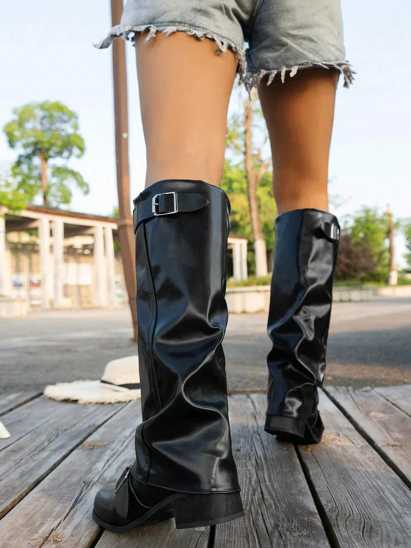 Damen Stiefel Hoch Schnallen Lederoptik Vegan