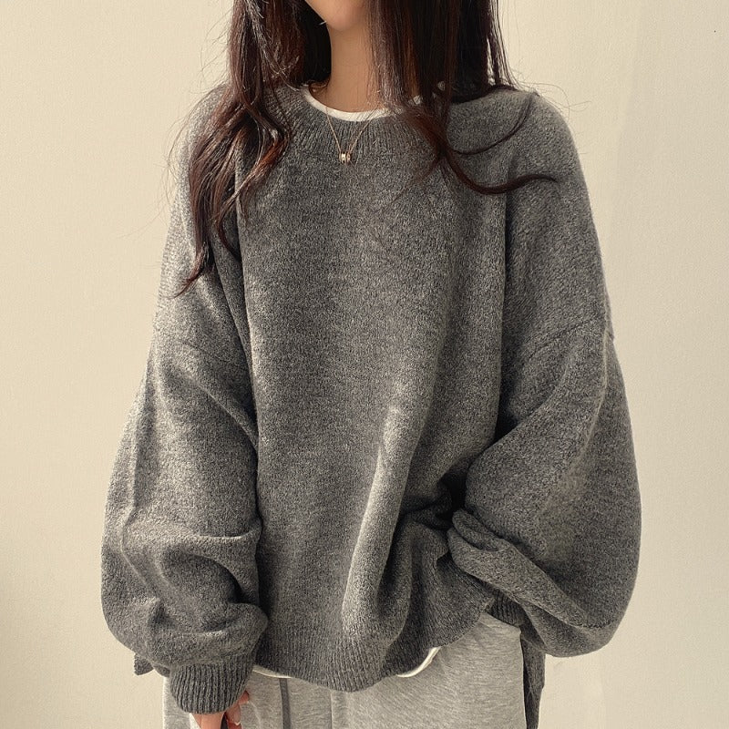 Kuschellaune Oversized Damen Pullover dunkelgrau mit Ballonärmeln