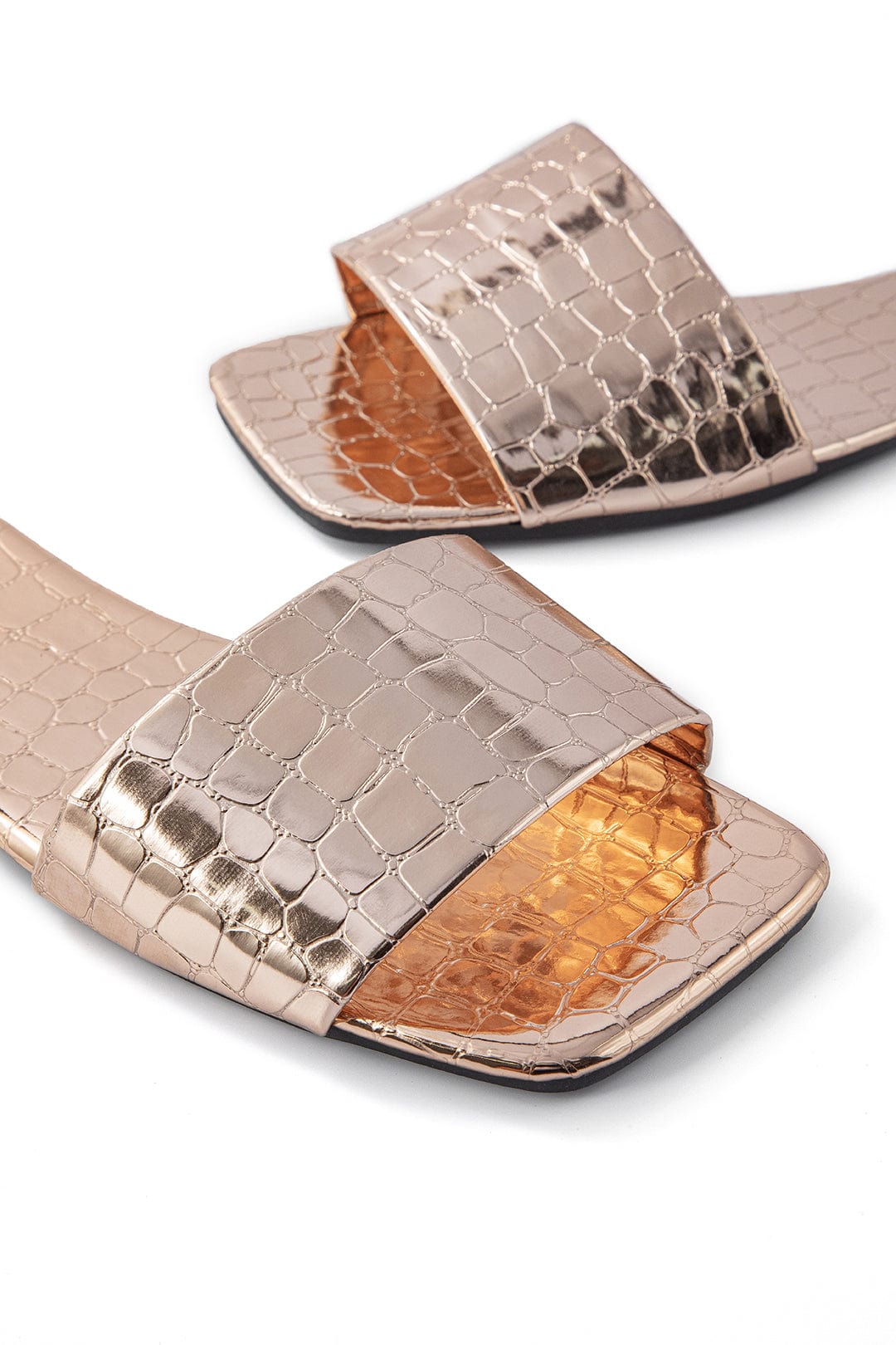 Damen Slides Krokodilmuster Metallic
