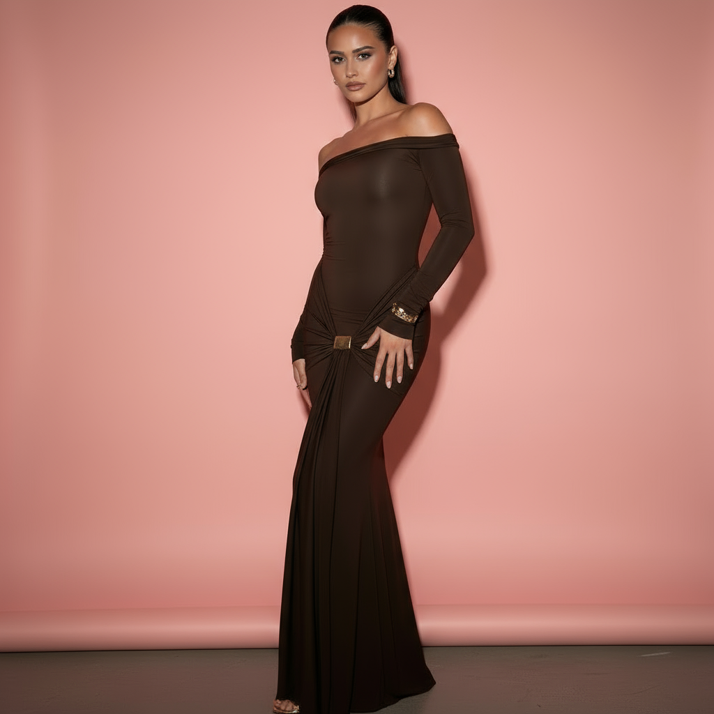 Elegantes Damen Off-Shoulder Maxikleid mit Drapierung Gold Dekor