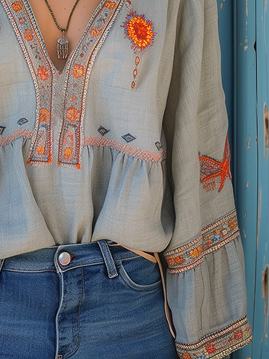 Damen Sommerbluse Boho Bestickt Leicht