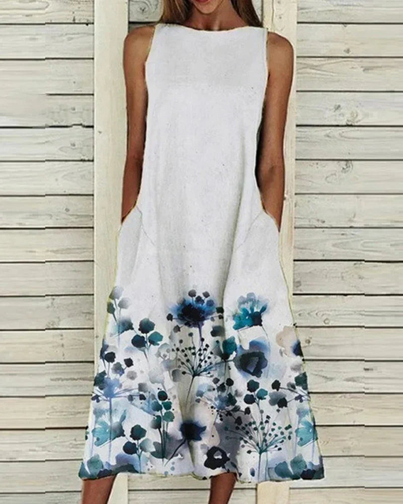 Damen Sommerkleid Blumenmuster Midi Ärmellos Rundhals - Norvielle