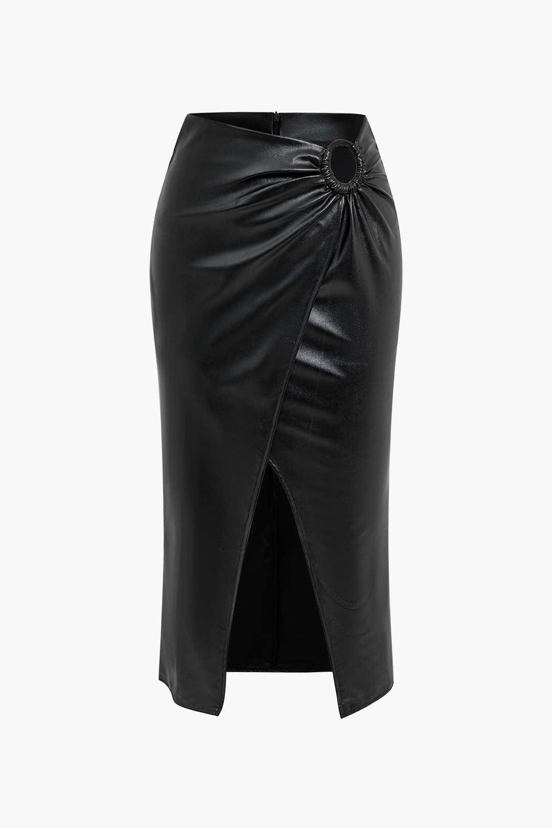 Damen Midirock Wickelrock Kunstleder Schwarz - Norvielle