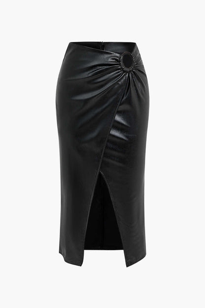 Damen Midirock Wickelrock Kunstleder Schwarz - Norvielle