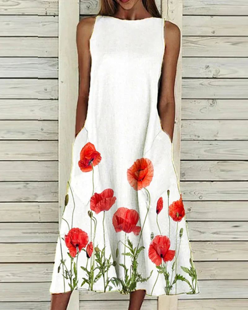 Damen Sommerkleid Blumenmuster Midi Ärmellos Rundhals