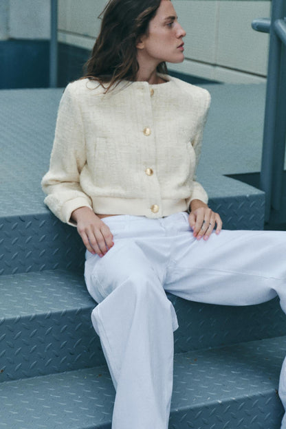 Damen Bouclé Kurzjacke Goldknöpfe