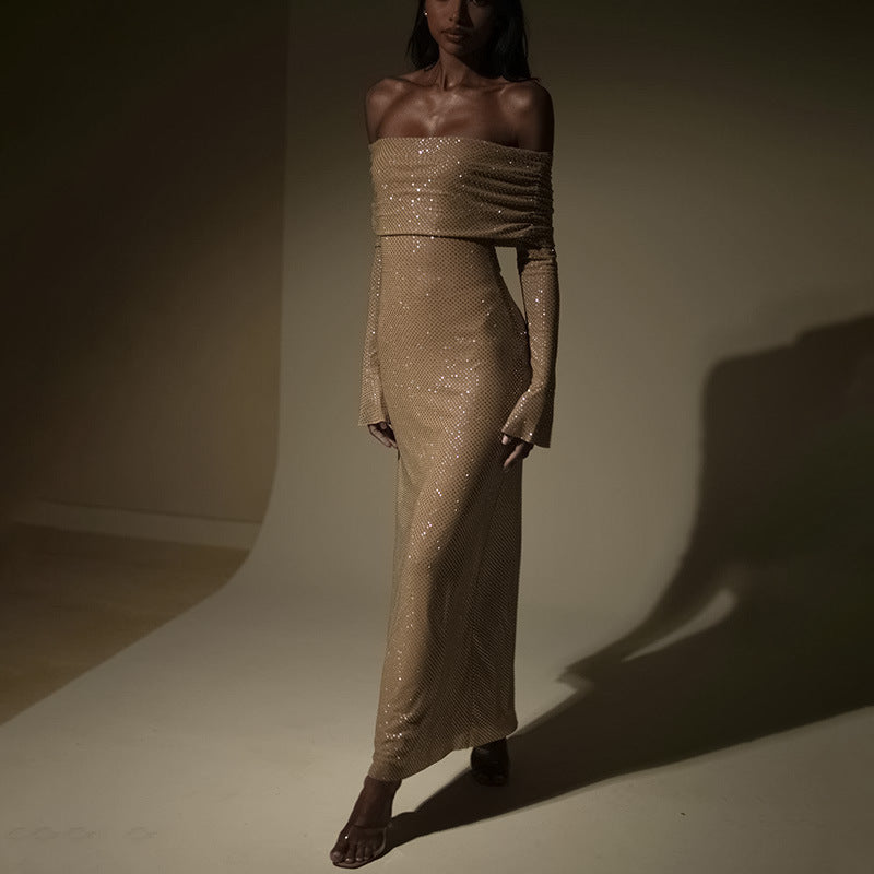 Glitzerndes Damen Abendkleid Off-Shoulder Maxi
