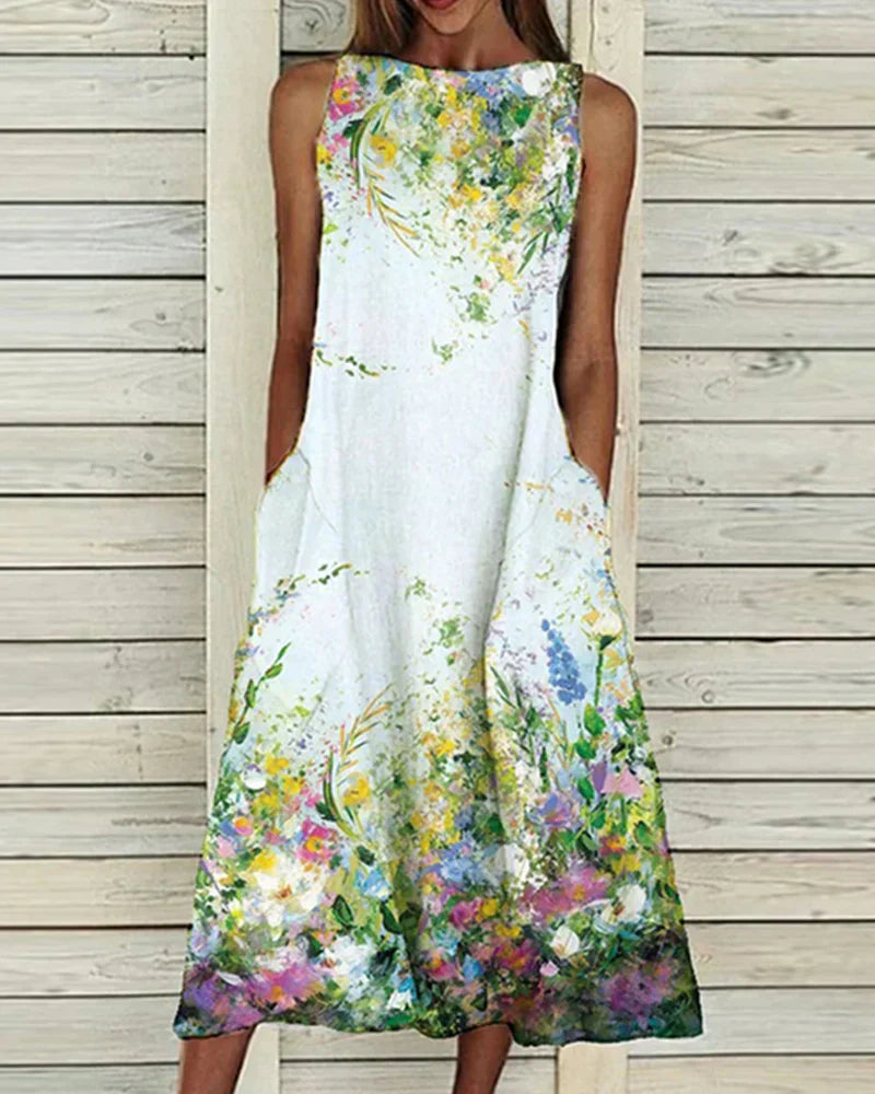 Damen Sommerkleid Blumenmuster Midi Ärmellos Rundhals