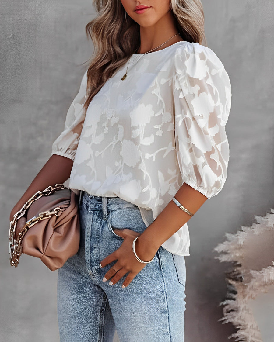 Damen Bluse Blumenmuster Puffärmel Elegant