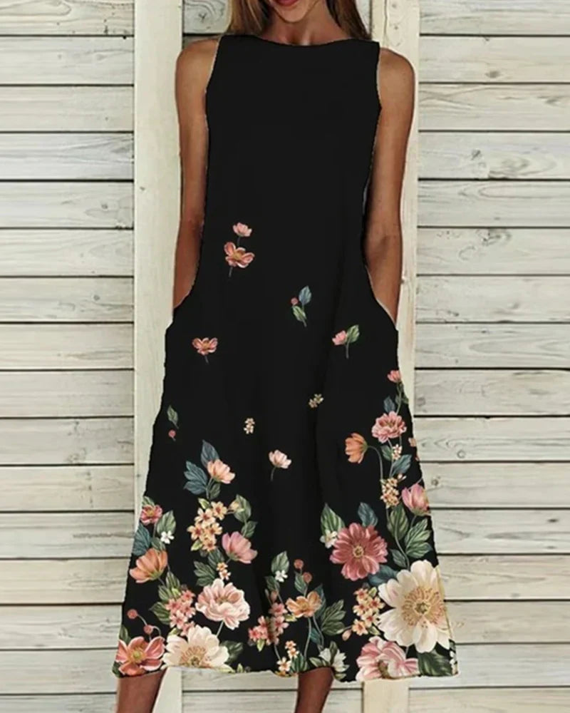 Damen Sommerkleid Blumenmuster Midi Ärmellos Rundhals