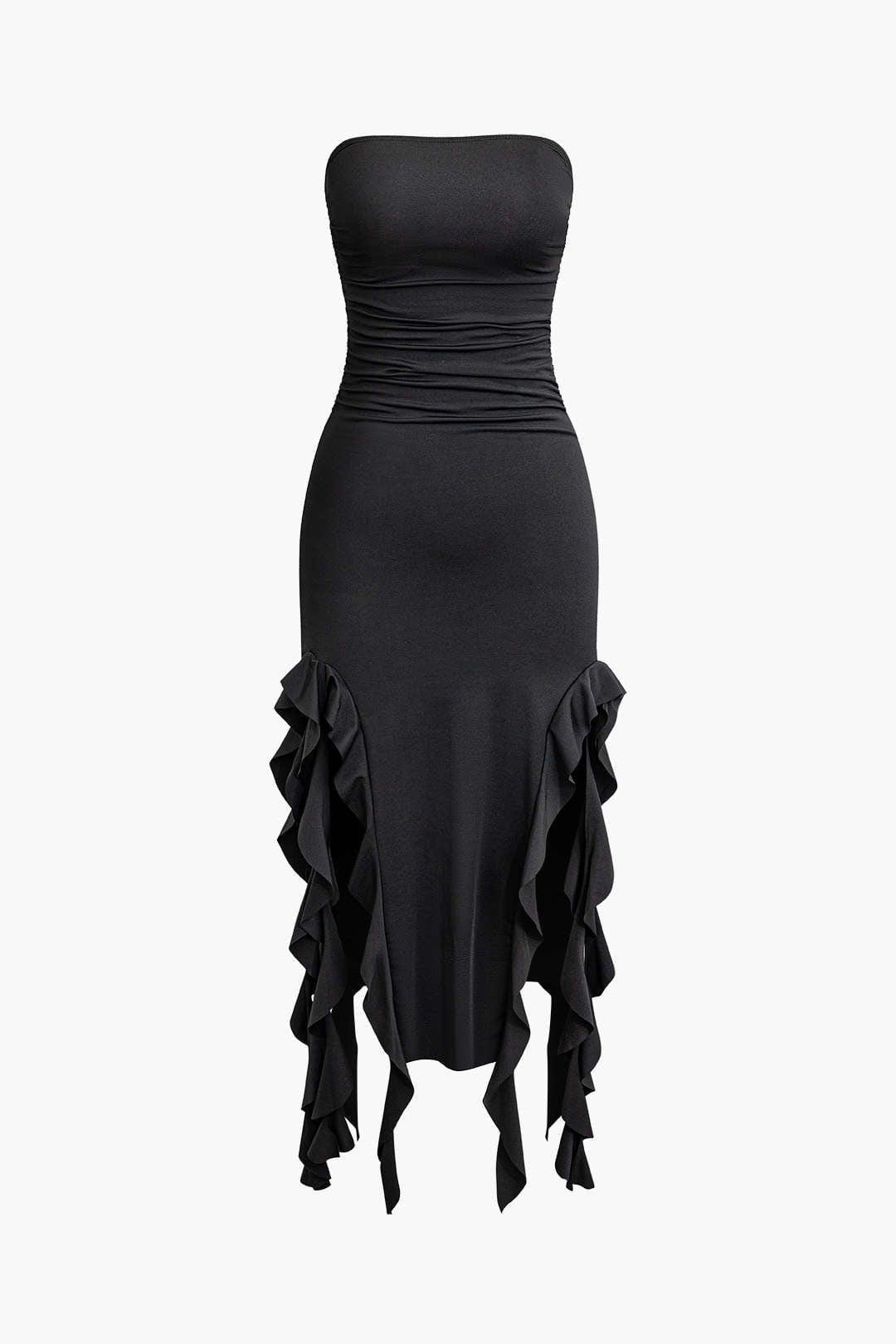 Damen Maxikleid Volant Rüschen Eleganz