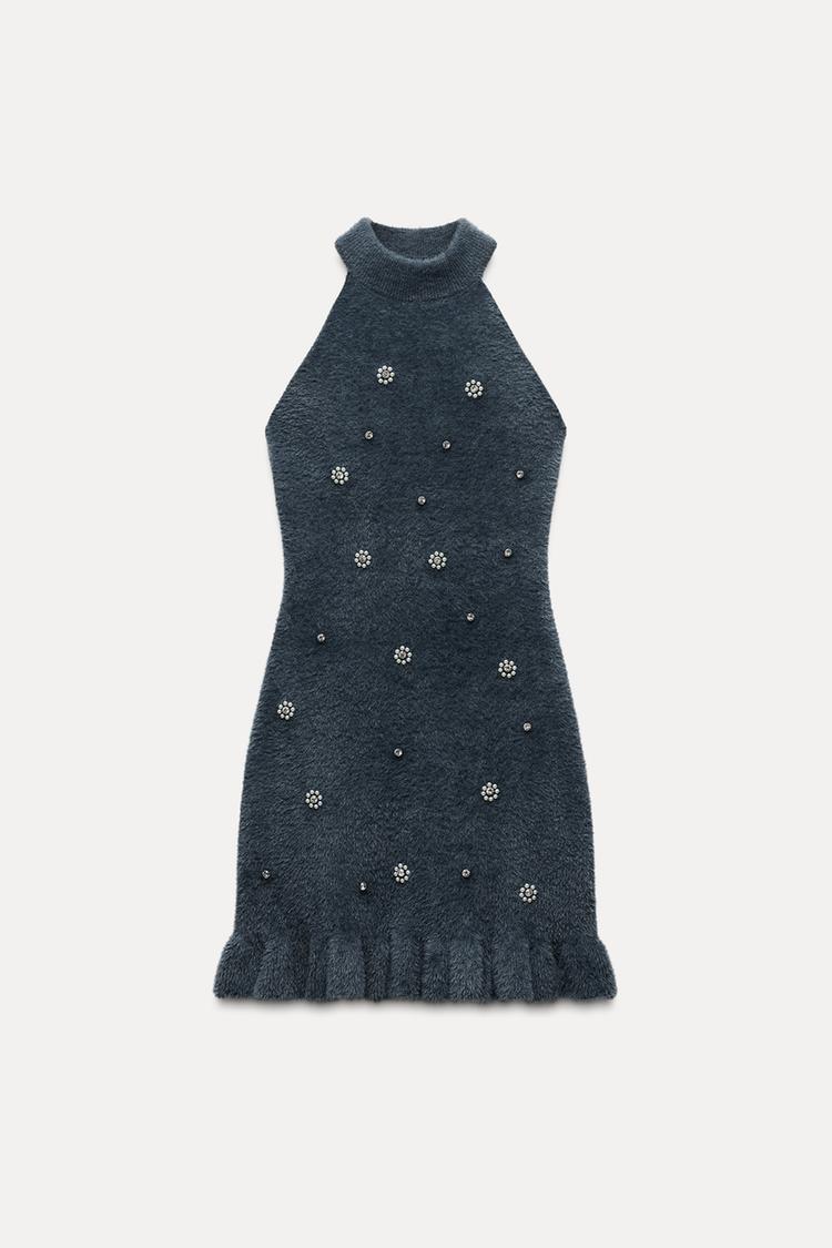 Damen Strick-Minikleid Perlen Rüschen - Norvielle