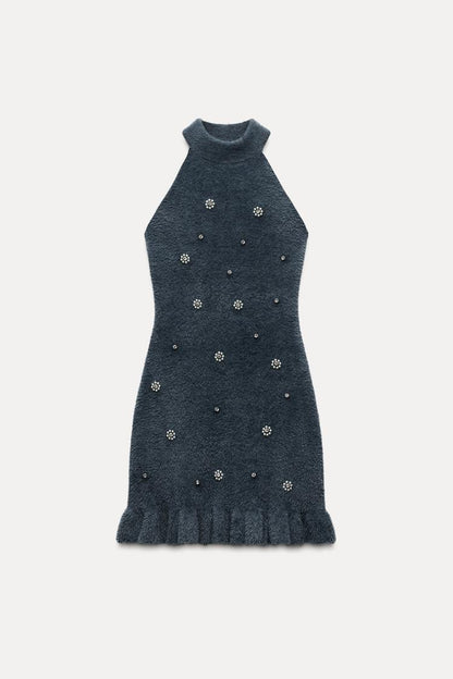 Damen Strick-Minikleid Perlen Rüschen - Norvielle