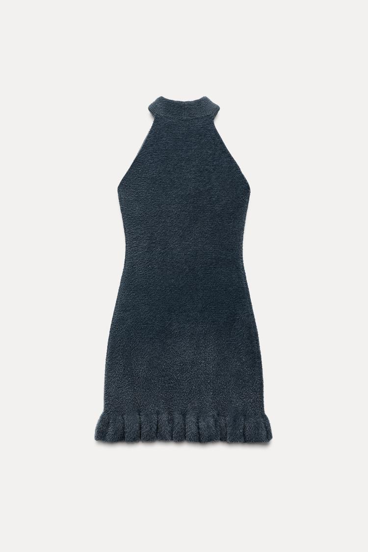 Damen Strick-Minikleid Perlen Rüschen