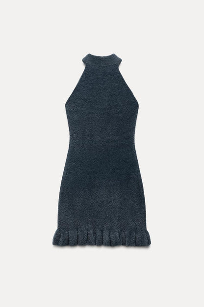 Damen Strick-Minikleid Perlen Rüschen