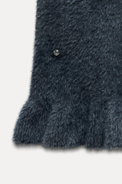 Damen Strick-Minikleid Perlen Rüschen
