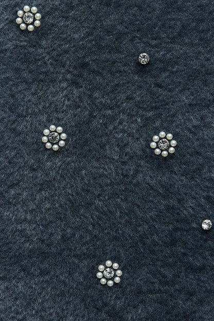 Damen Strick-Minikleid Perlen Rüschen
