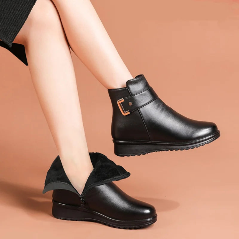 Damen Stiefeletten Schnalle Fellfutter Warm