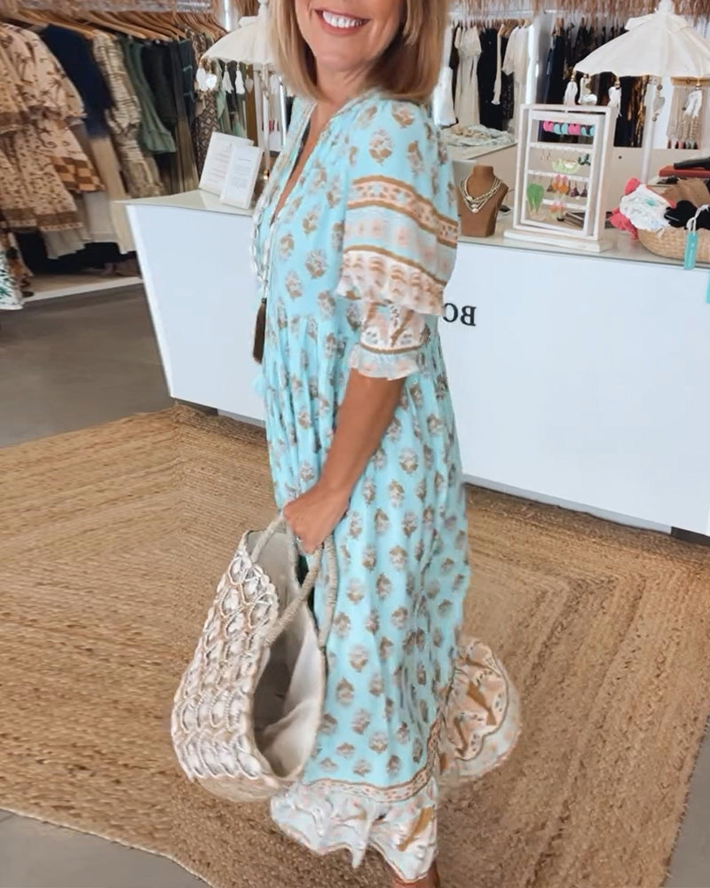 Damen Sommerkleid V-Ausschnitt Bedruckt Midi