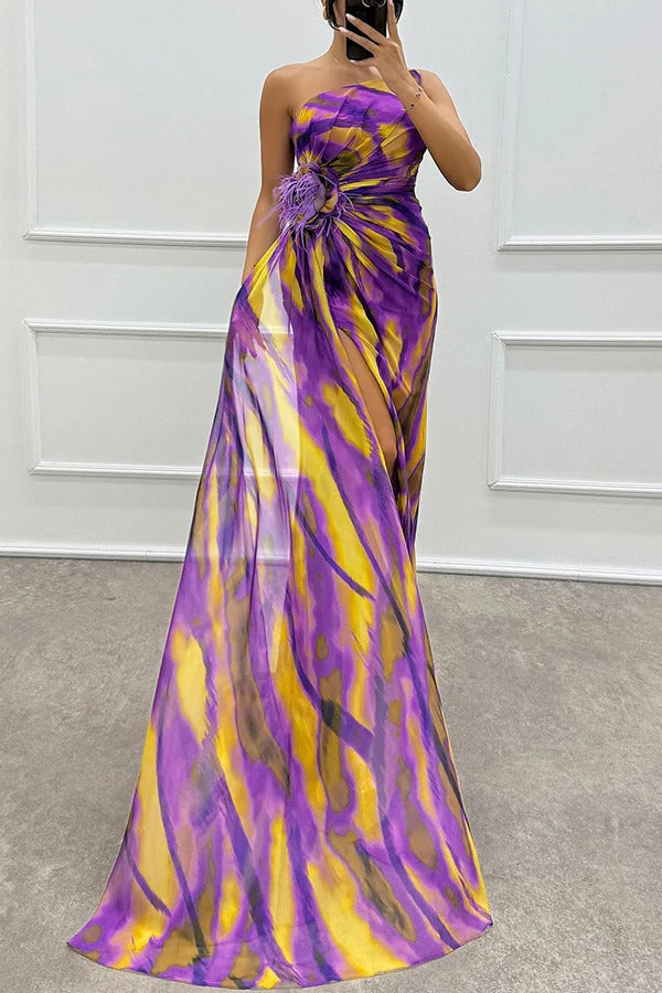 Damen Maxikleid Schulterfrei Lang Abendkleid mit Hochschlitz
