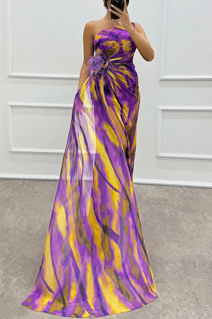 Damen Maxikleid Schulterfrei Lang Abendkleid mit Hochschlitz