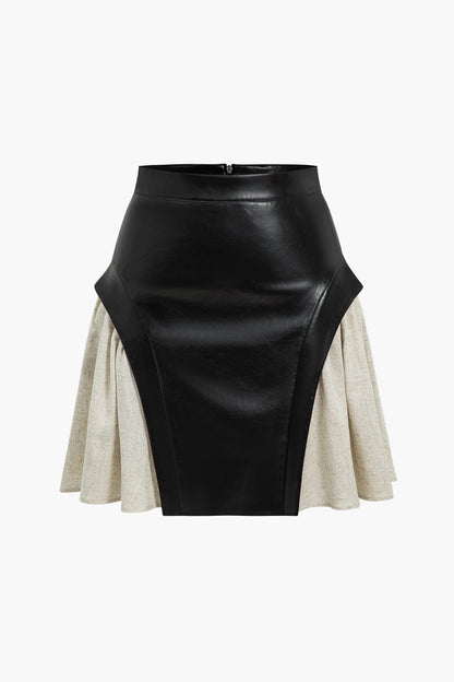 Damen Skaterrock High-Waist Kunstleder Kontrastfarben - Norvielle