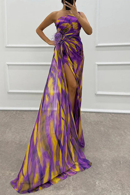 Damen Maxikleid Schulterfrei Lang Abendkleid mit Hochschlitz