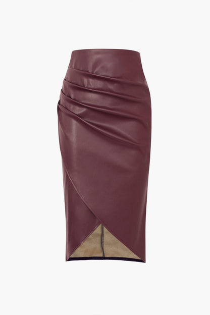 Damen Midirock Asymmetrisch Wickelrock Kunstleder