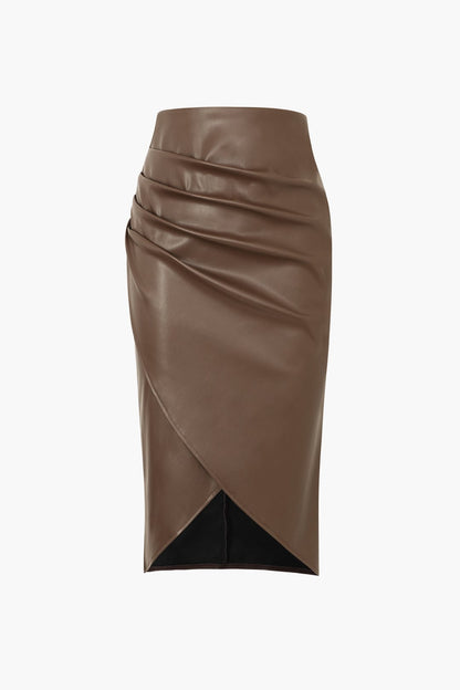 Damen Midirock Asymmetrisch Wickelrock Kunstleder