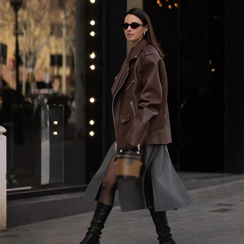 Damen Lederjacke Kurz Moderner Glamour Stil