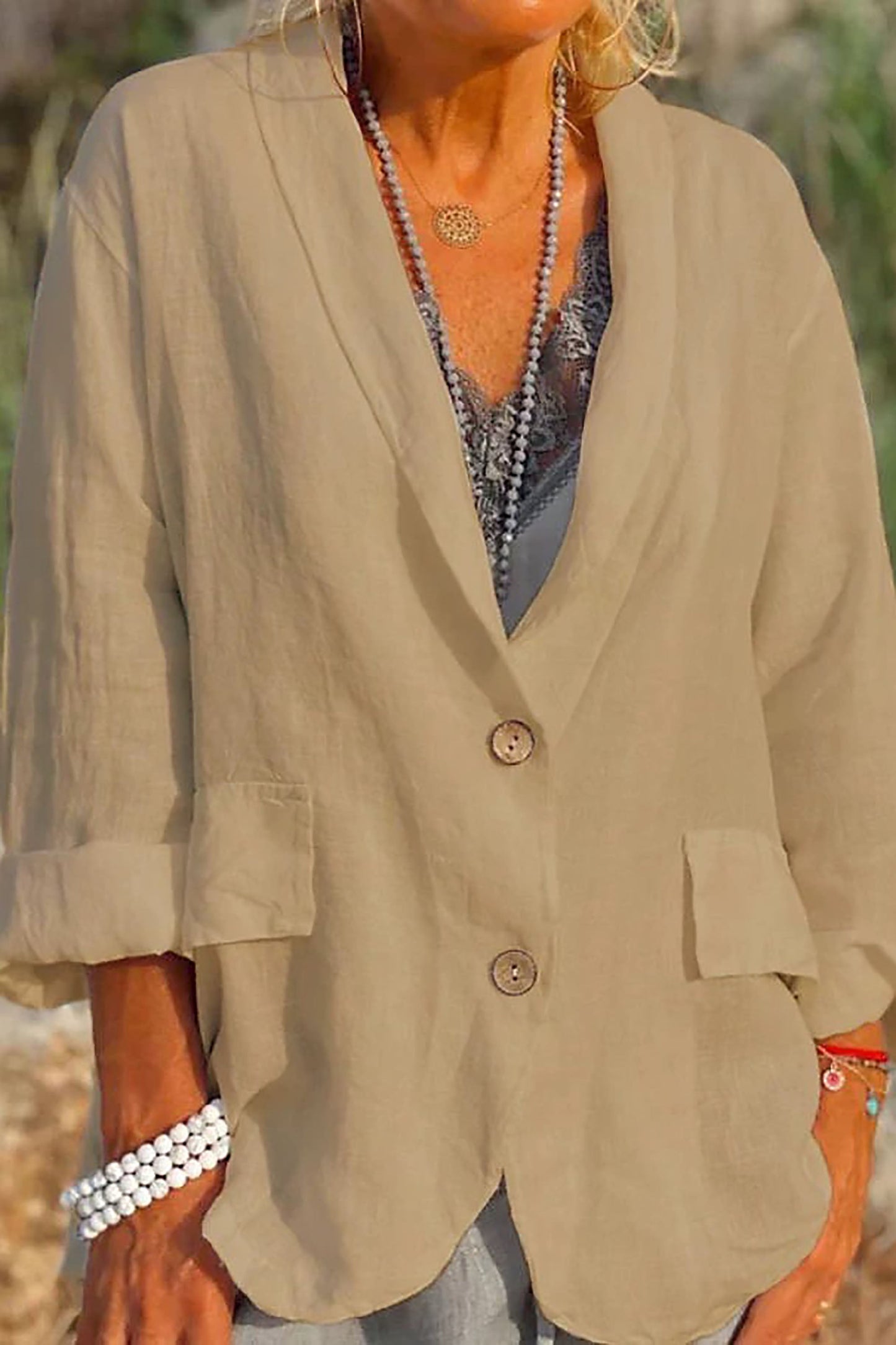 Damen Leinenjacke Leicht Sommer Modern Knopfverschluss