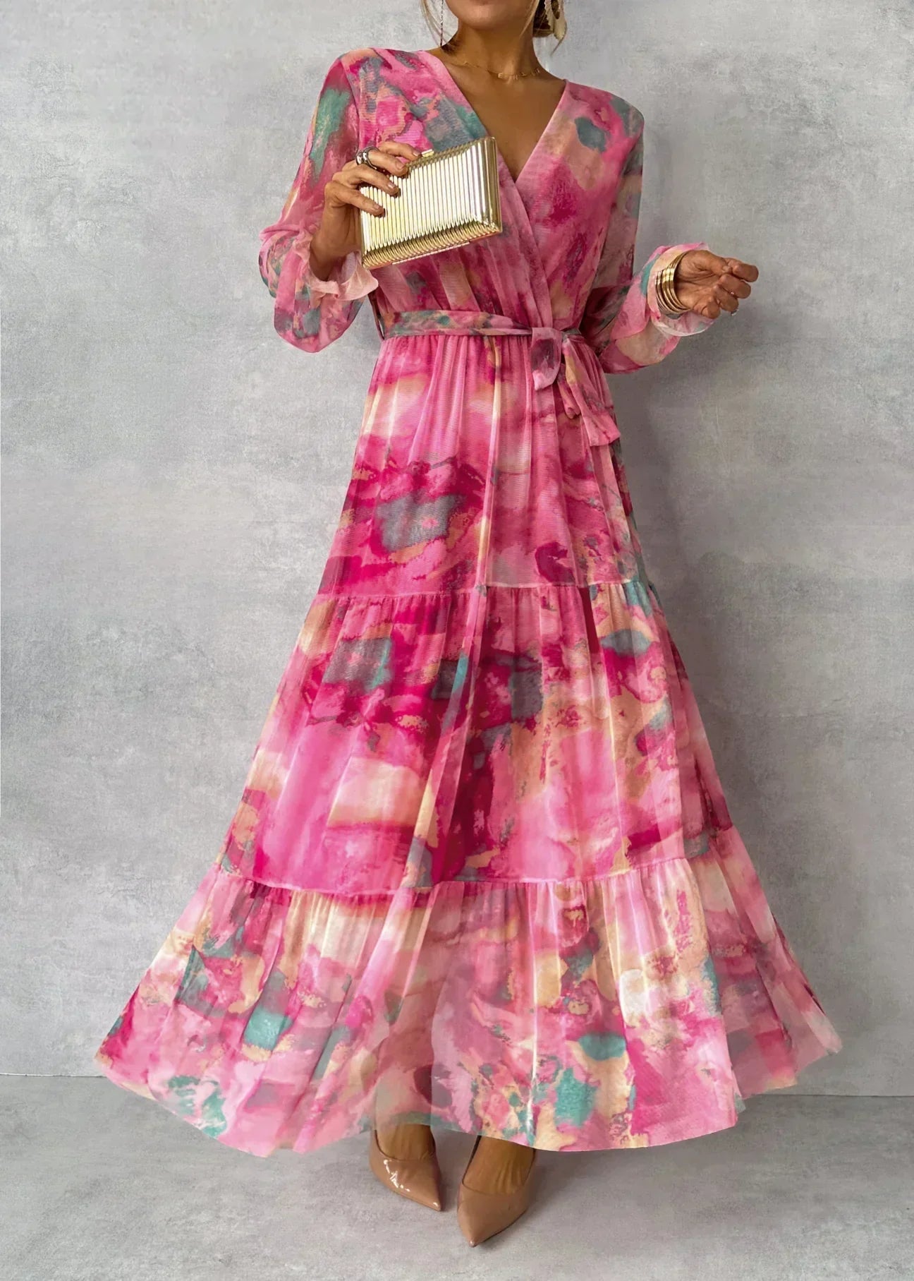 Damen Maxikleid Plissiert Blumenmuster Gürtel Fließend - Norvielle