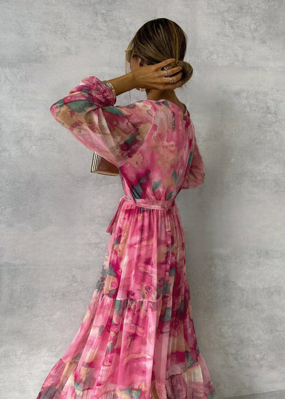 Damen Maxikleid Plissiert Blumenmuster Gürtel Fließend