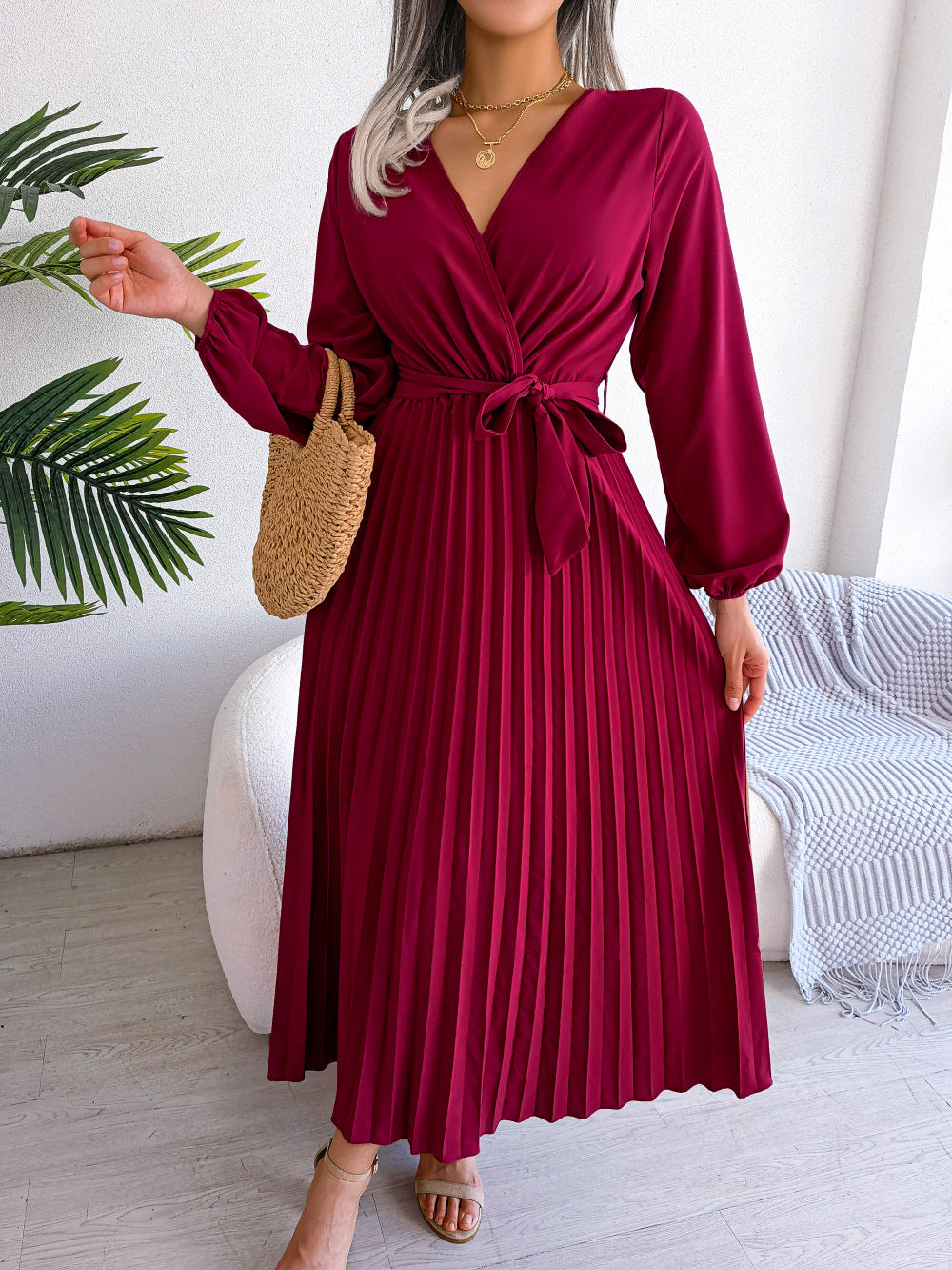 Damen Maxikleid Plissee Gürtel Langkleid