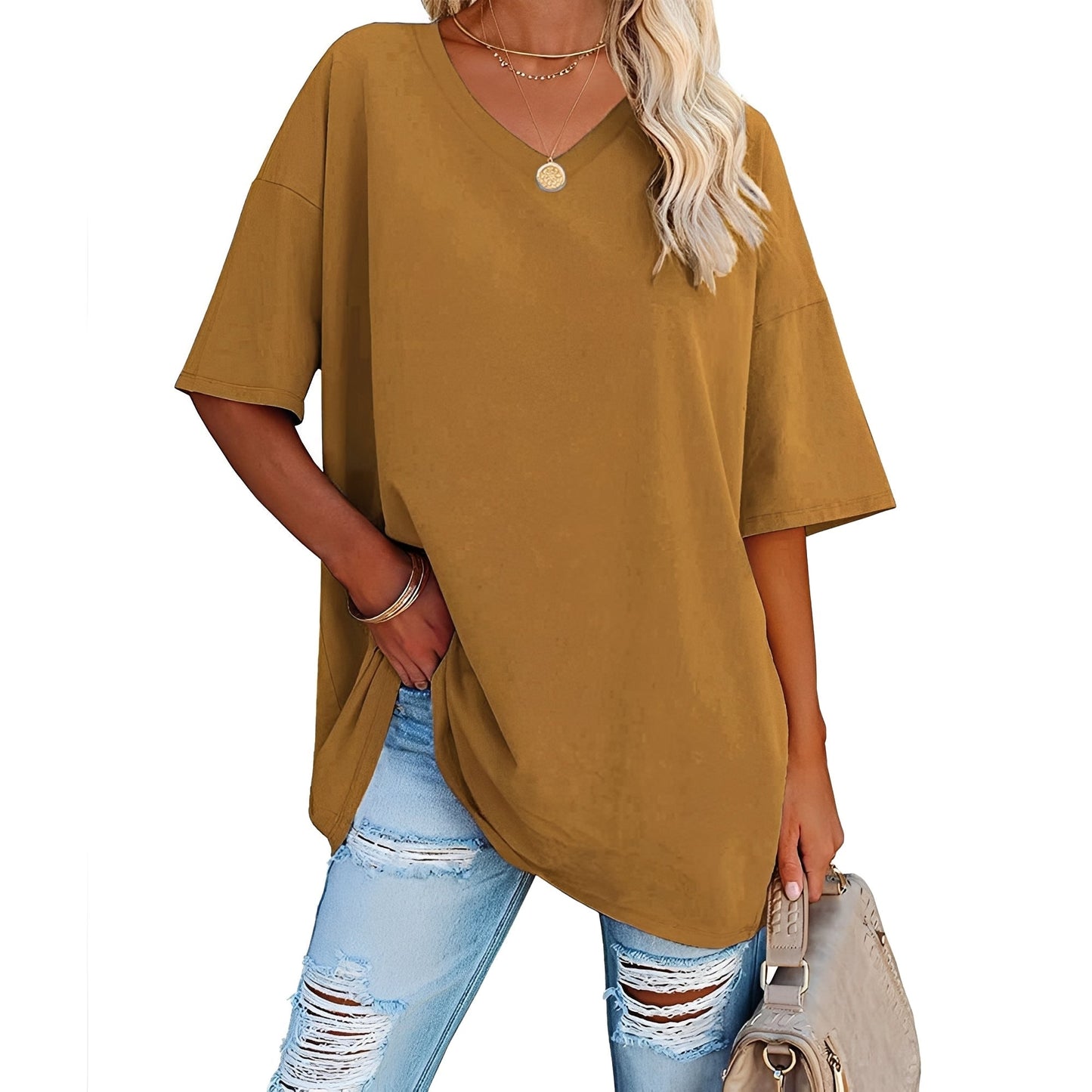 Damen V-Ausschnitt Shirt Lässig Baumwolle