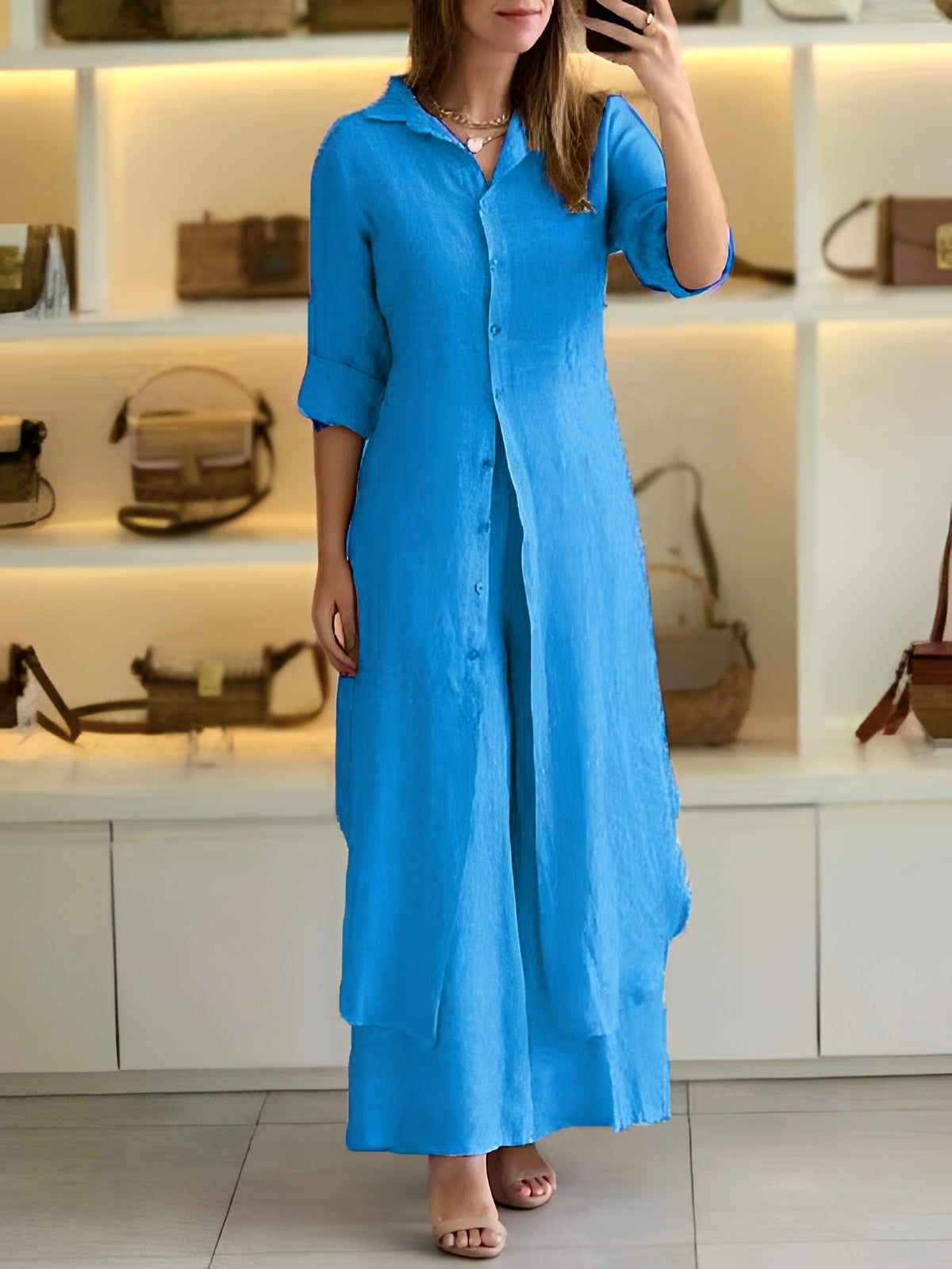 Damen Elegantes Langärmelhemd Set Zweiteiler